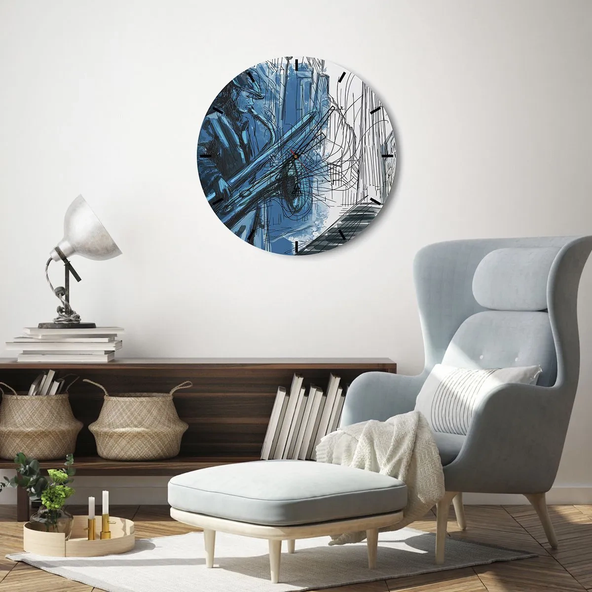 Väggklocka - Klocka på glas - En jazzmusiker i en konstnärlig tolkning - 30x30cm - Stadsrapsodi - Modern väggdekoration för vardagsrum, kök och sovrum ARTTOR