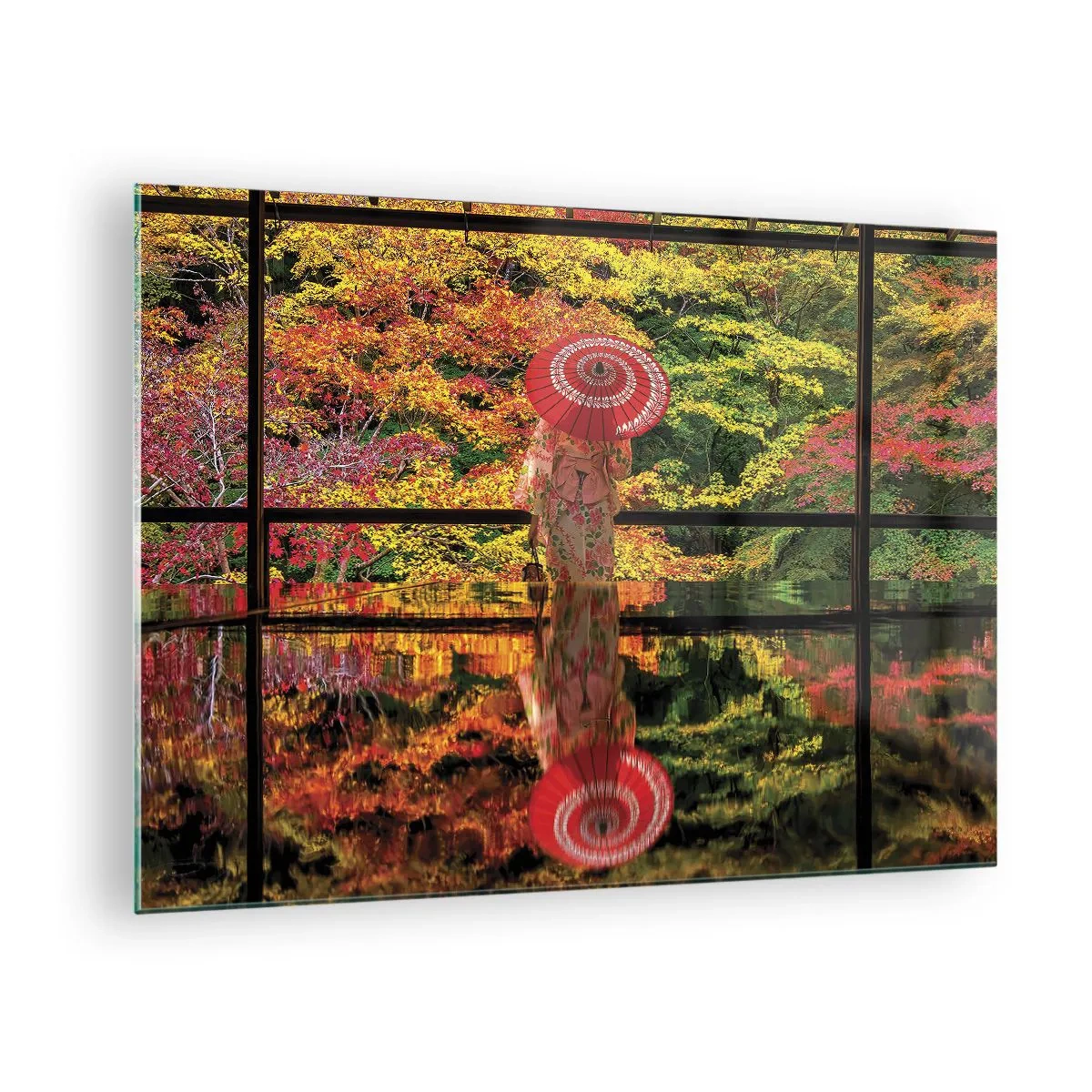 Glastavla - Bild på glas - En kvinna i kimono med paraply mot ett höstlandskap, speglat i vattnet. - 70x50cm - I naturens tempel - Modern väggdekoration för vardagsrum och sovrum ARTTOR