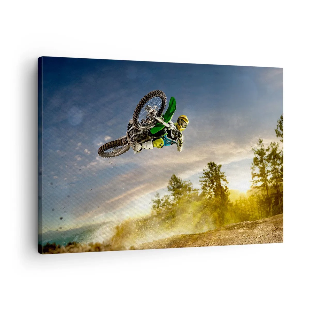 Canvastavla - Bild på duk - Motorcyklist i ett dynamiskt hopp - 70x50cm - Koppla in emotioner! - Modern väggdekoration för vardagsrum och sovrum ARTTOR