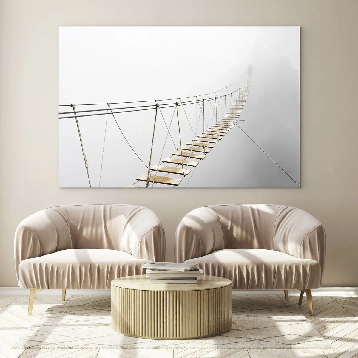 Glastavla - Bild på glas - En hängbro i dimman som leder till det okända - 70x50cm - Vart leder den dig? - Modern väggdekoration för vardagsrum och sovrum ARTTOR