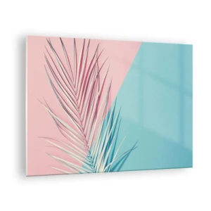 Glastavla - Bild på glas - Ett palmblad på en pastellbakgrund i en geometrisk komposition - 70x50cm - Tropisk impression - Modern väggdekoration för vardagsrum och sovrum ARTTOR