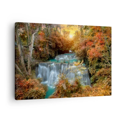 Canvastavla - Bild på duk - Höstvattenfall omgivet av färgglada träd i solljuset - 70x50cm - Skogens skatt - Modern väggdekoration för vardagsrum och sovrum ARTTOR