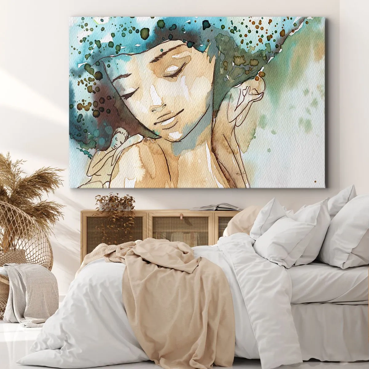 Canvastavla - Bild på duk - Porträtt av en kvinna i delikata akvarellfärger - 70x50cm - Lady in blue - Modern väggdekoration för vardagsrum och sovrum ARTTOR