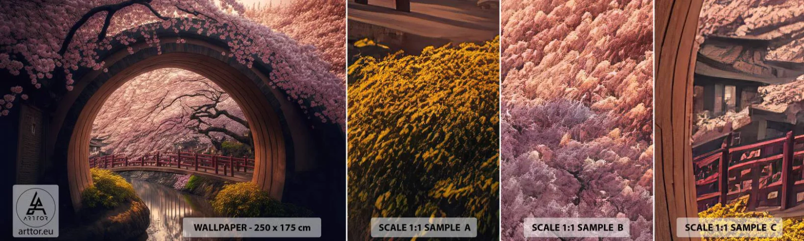 Provbit av självhäftande fototapet Deluxe Sticker - Japansk vår - Bro, Japan, Japanska körsbär - 100x30 cm
