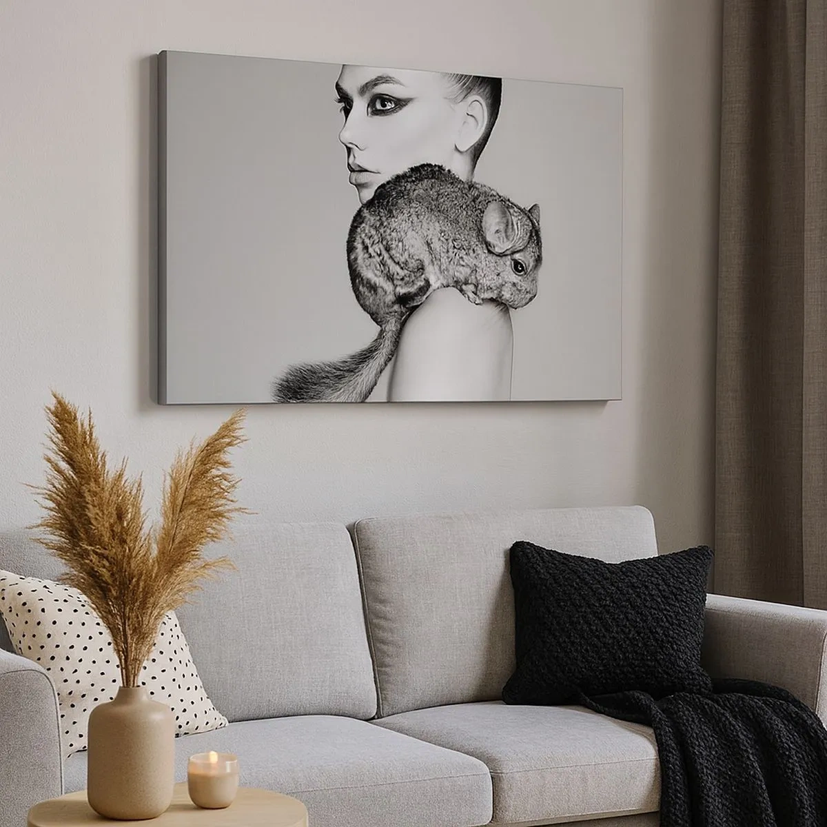 Canvastavla - Bild på duk - Stiliserad kvinna med en chinchilla i en elegant svartvit komposition - 70x50cm - Dam med chinchilla - Modern väggdekoration för vardagsrum och sovrum ARTTOR