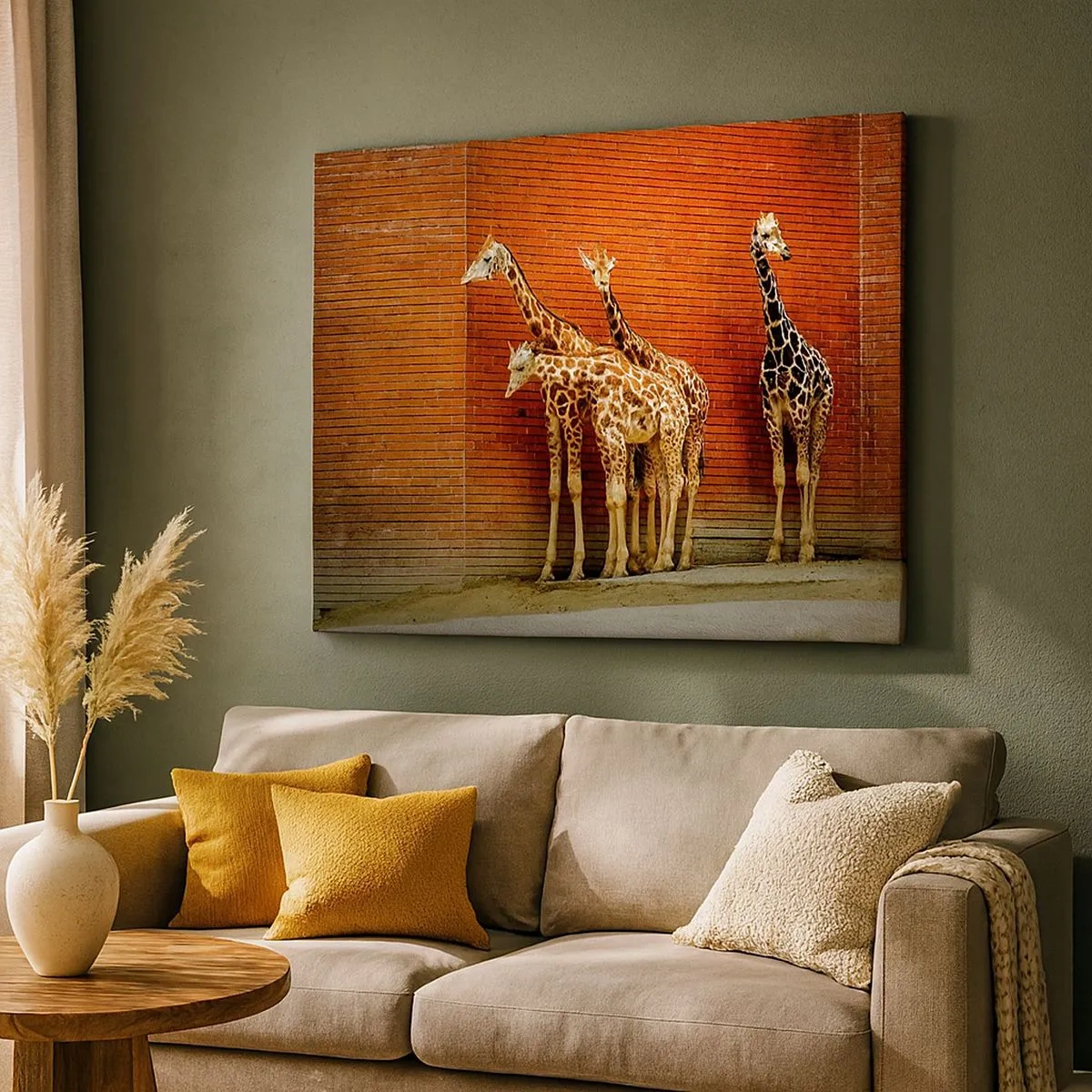Canvastavla - Bild på duk - Fyra giraffer mot en tegelvägg i en konstnärlig miljö - 70x50cm - Ser ni någon akacia? - Modern väggdekoration för vardagsrum och sovrum ARTTOR