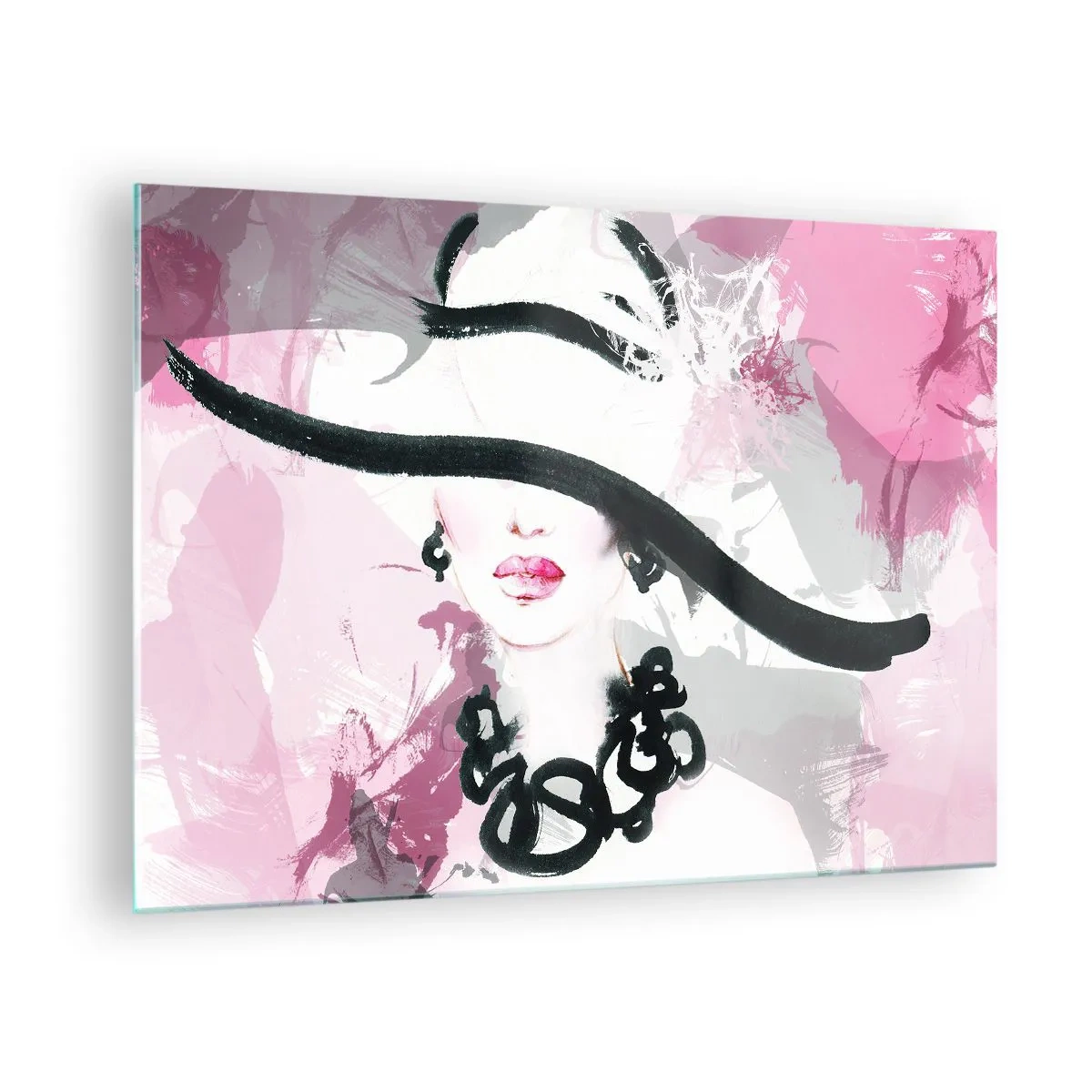Glastavla - Bild på glas - Porträtt av en kvinna i svart hatt med rosa bakgrund - 70x50cm - En damportätt i svart och rosa - Modern väggdekoration för vardagsrum och sovrum ARTTOR