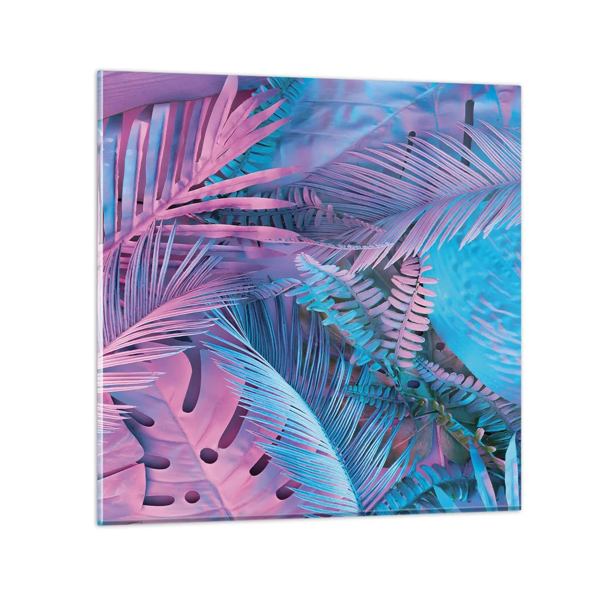 Glastavla - Bild på glas - Tropiken i rosa och blått - 40x40 cm