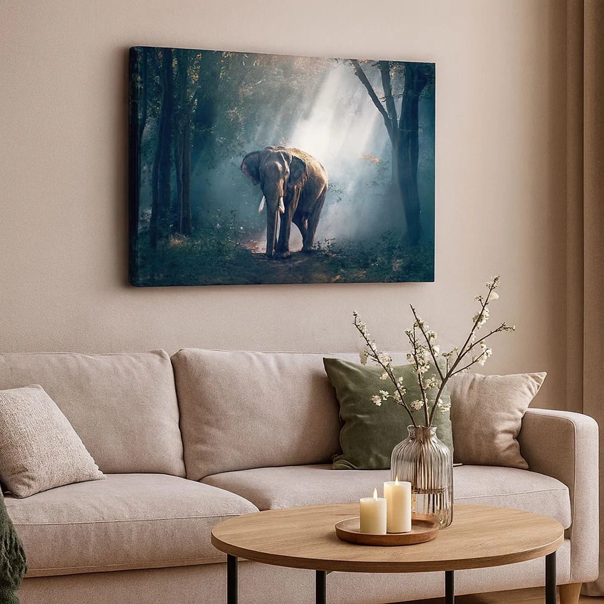 Canvastavla - Bild på duk - Elefant i skogens ljus - 70x50cm - Lugn promenad - Modern väggdekoration för vardagsrum och sovrum ARTTOR