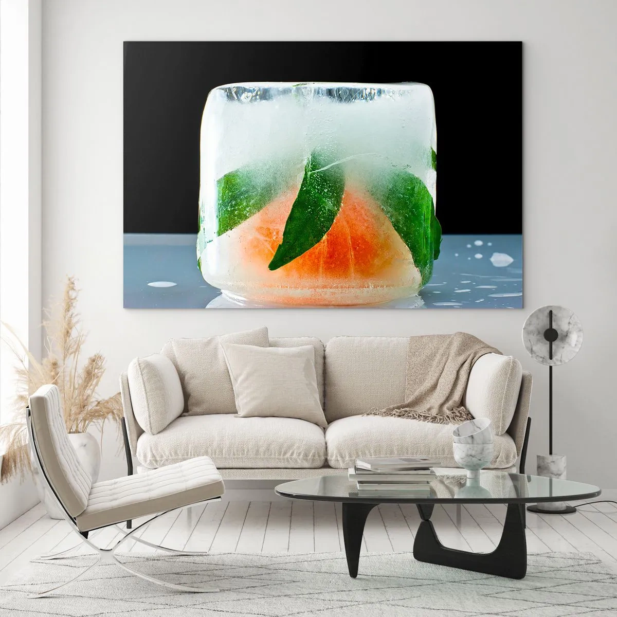 Glastavla - Bild på glas - Frukt och löv frysta i klar is - 70x50cm - Fräschhet och svalka - Modern väggdekoration för vardagsrum och sovrum ARTTOR