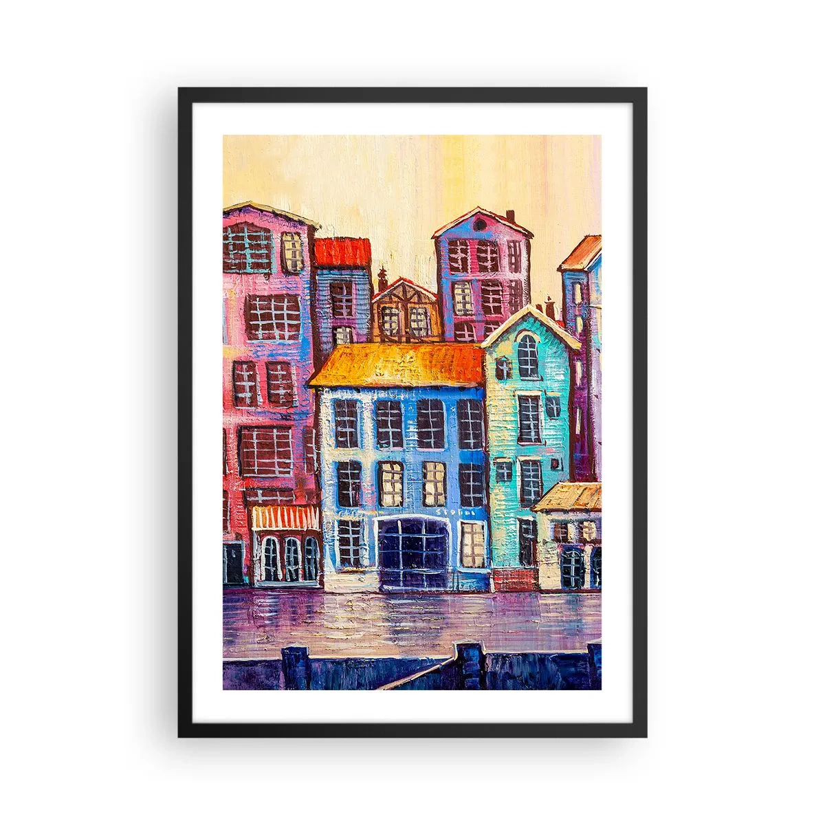 Affisch i svart ram - Färgglada hyreshus vid vattnet i målerisk stil - 50x70cm - En sagostad  - Modern väggdekoration för vardagsrum och sovrum ARTTOR