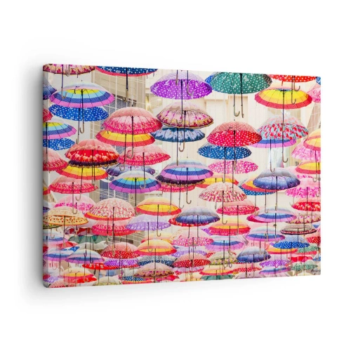 Canvastavla - Bild på duk - Färgglada paraplyer svävande i luften - 70x50cm - Stadsäng - Modern väggdekoration för vardagsrum och sovrum ARTTOR