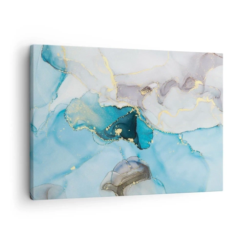 Canvastavla - Bild på duk - Abstraktion i nyanser av blått och guld med subtila linjer - 70x50cm - Studie över mötet mellan grå och turkos - Modern väggdekoration för vardagsrum och sovrum ARTTOR