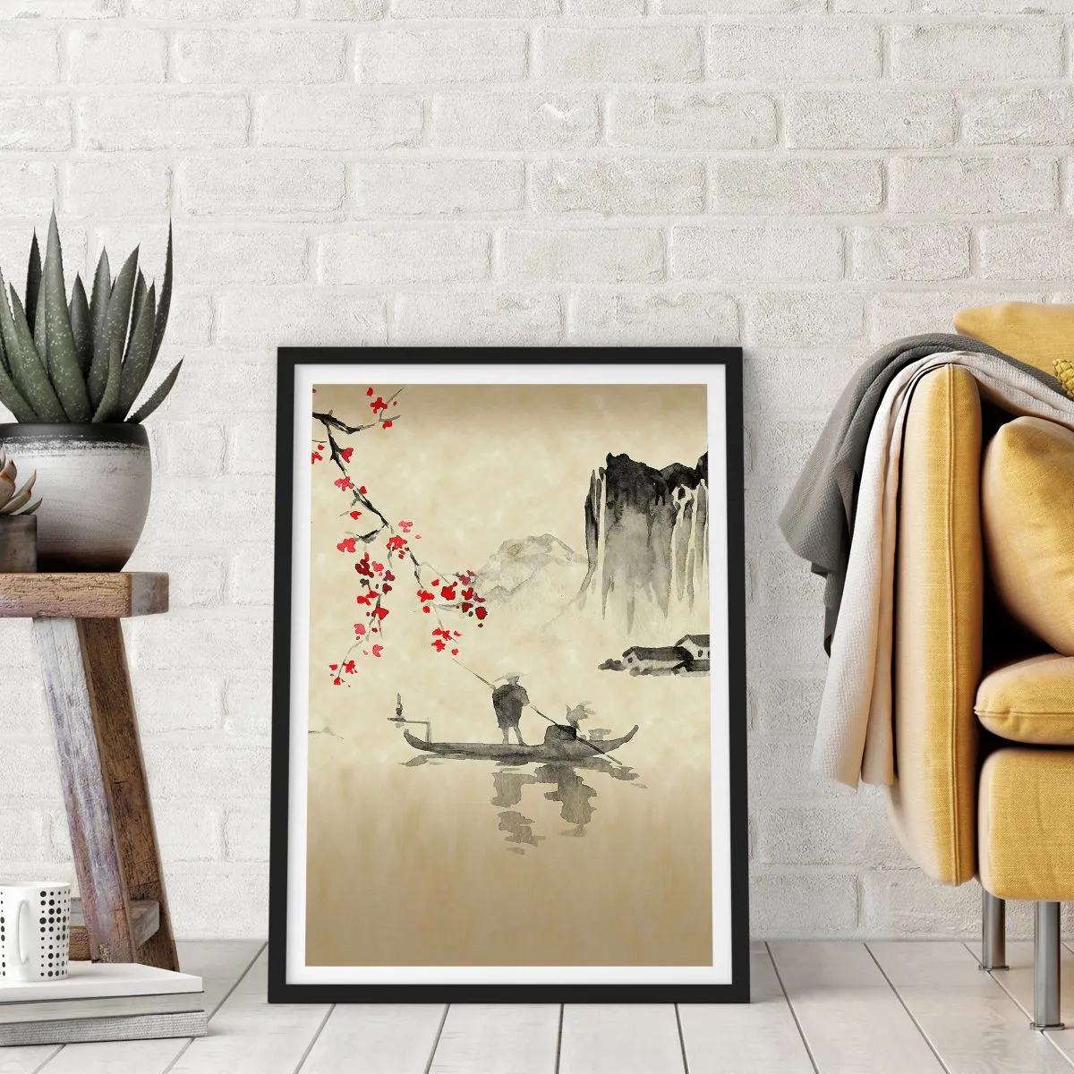 Affisch i svart ram - Orientalisk scen med fiskare på en båt - 50x70cm - I det blommande körsbärslandet - Modern väggdekoration för vardagsrum och sovrum ARTTOR