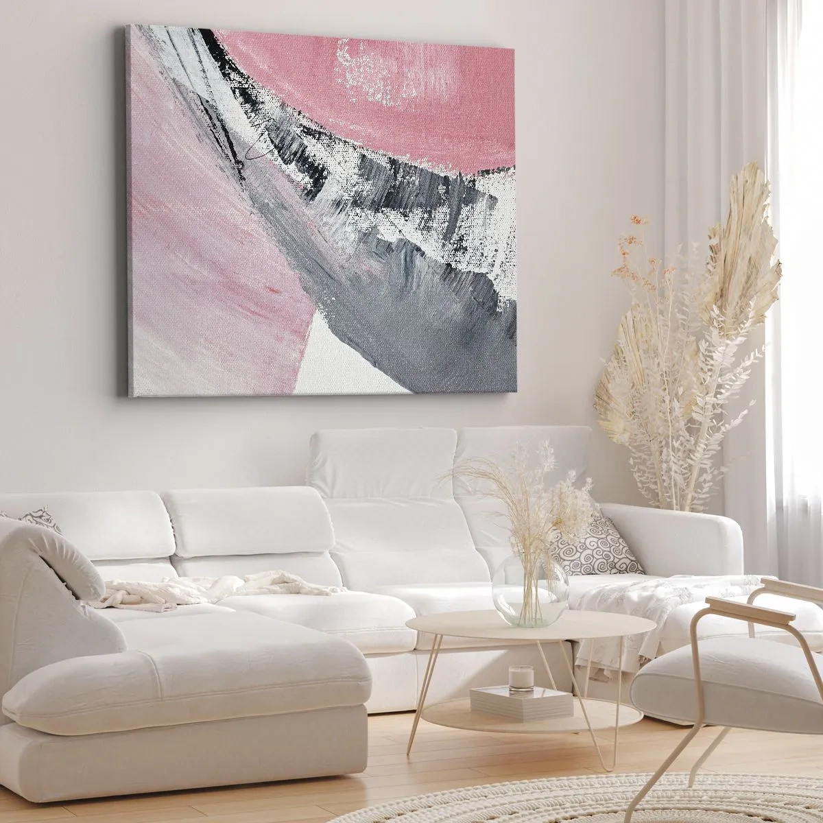 Canvastavla - Bild på duk - En abstrakt komposition i nyanser av rosa och grått. - 70x50cm - Anpassad komposition - Modern väggdekoration för vardagsrum och sovrum ARTTOR