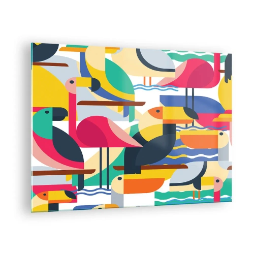 Glastavla - Bild på glas - Abstrakt illustration av färgglada fåglar i geometrisk stil - 70x50cm - Fågelparty - Modern väggdekoration för vardagsrum och sovrum ARTTOR