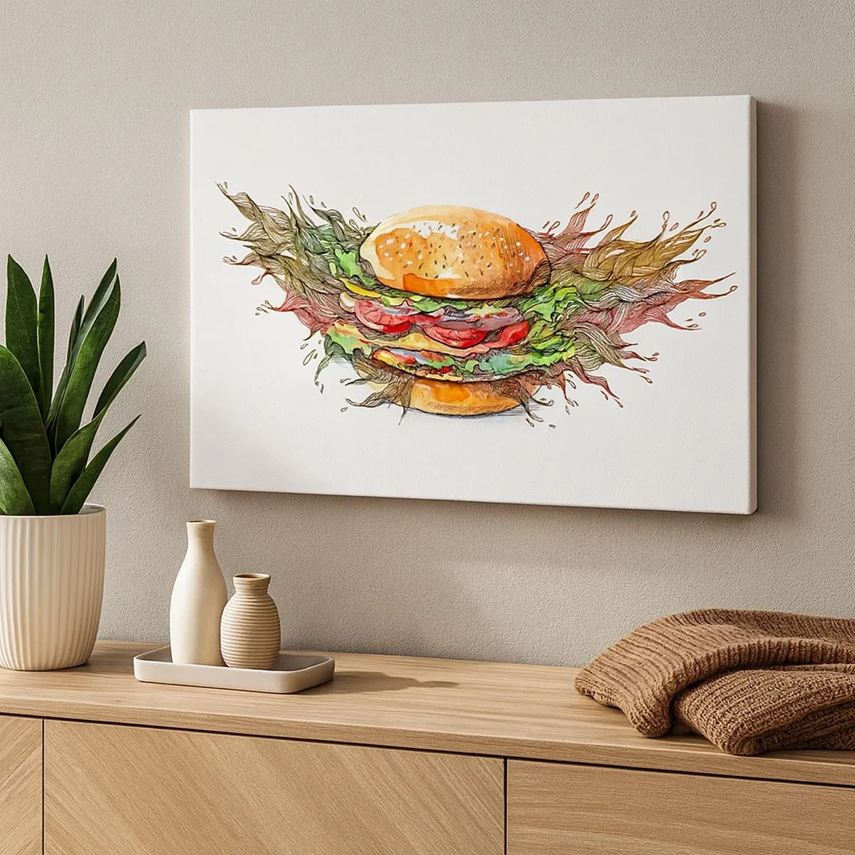 Canvastavla - Bild på duk - Konstnärlig illustration av en hamburgare med dynamiska element - 70x50cm - Het frestelse - Modern väggdekoration för vardagsrum och sovrum ARTTOR