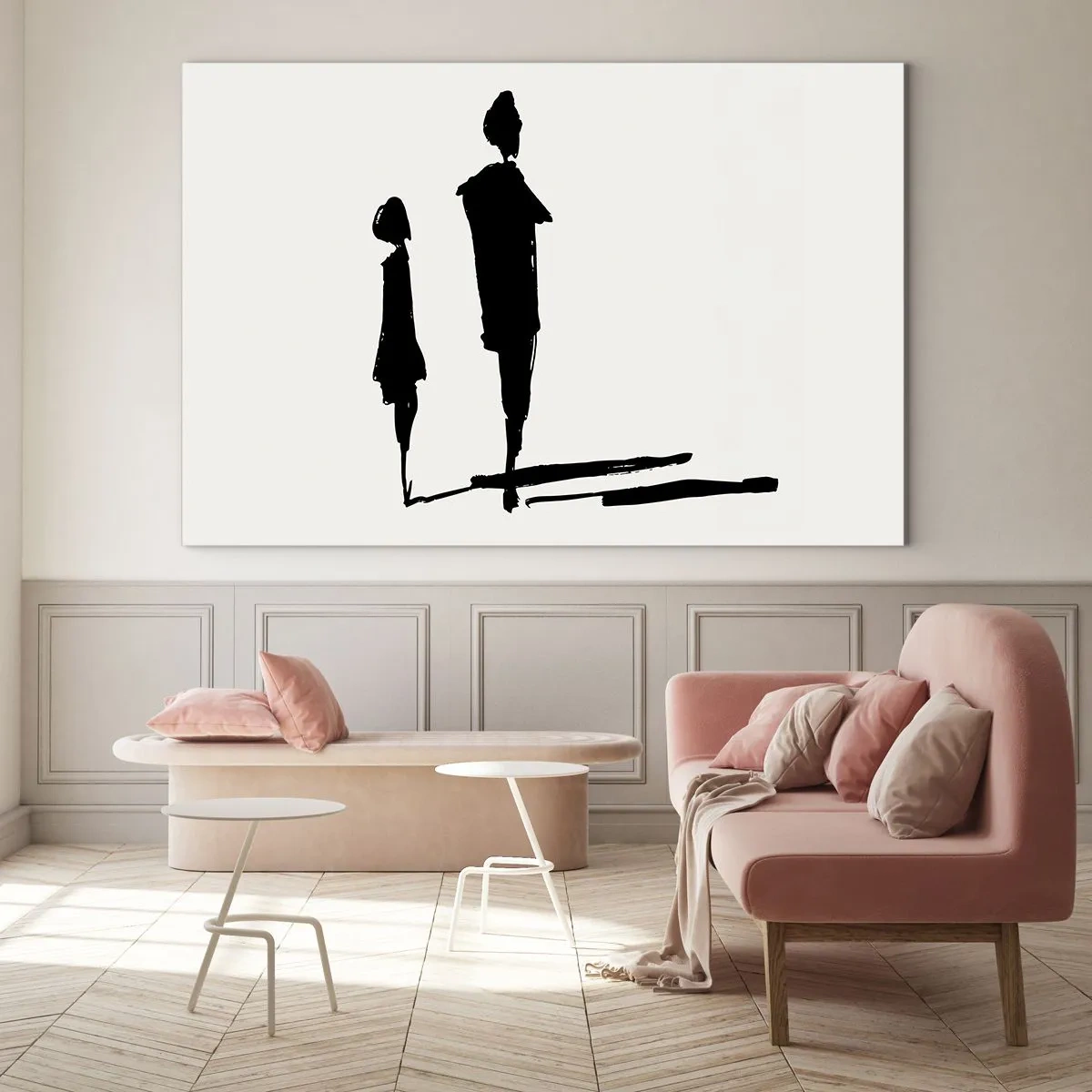 Glastavla - Bild på glas - Svarta silhuetter av två figurer med skuggor mot en ljus bakgrund - 70x50cm - Säkert tillsammans? - Modern väggdekoration för vardagsrum och sovrum ARTTOR