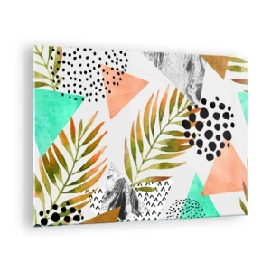 Glastavla - Bild på glas - Geometriska former och löv i pastellfärger - 70x50cm - Dekoration med palmblad - Modern väggdekoration för vardagsrum och sovrum ARTTOR