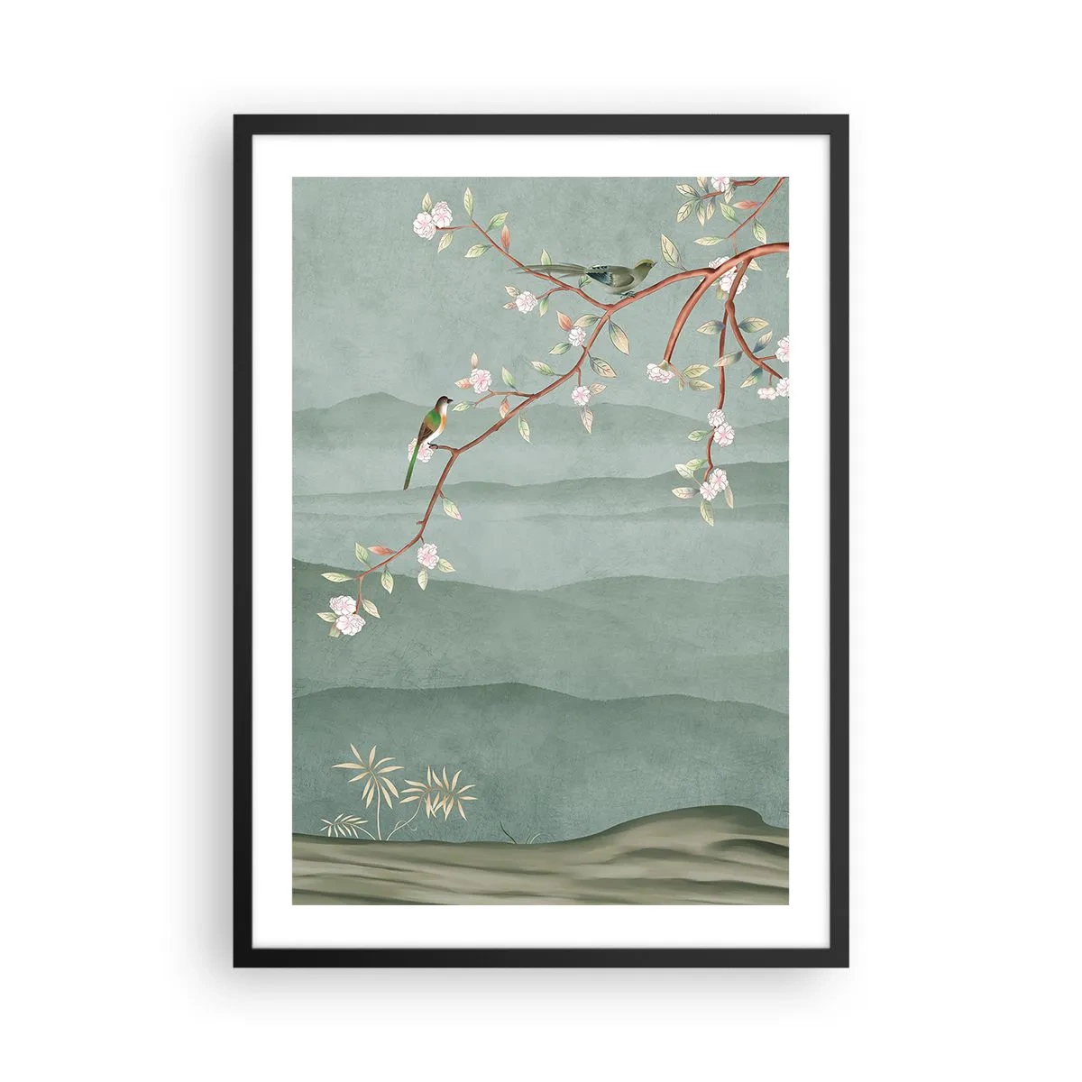Affisch i svart ram - Fåglar på en blommande gren med utsikt över kullarna - 50x70cm - Vår, ah, det är du - Modern väggdekoration för vardagsrum och sovrum ARTTOR