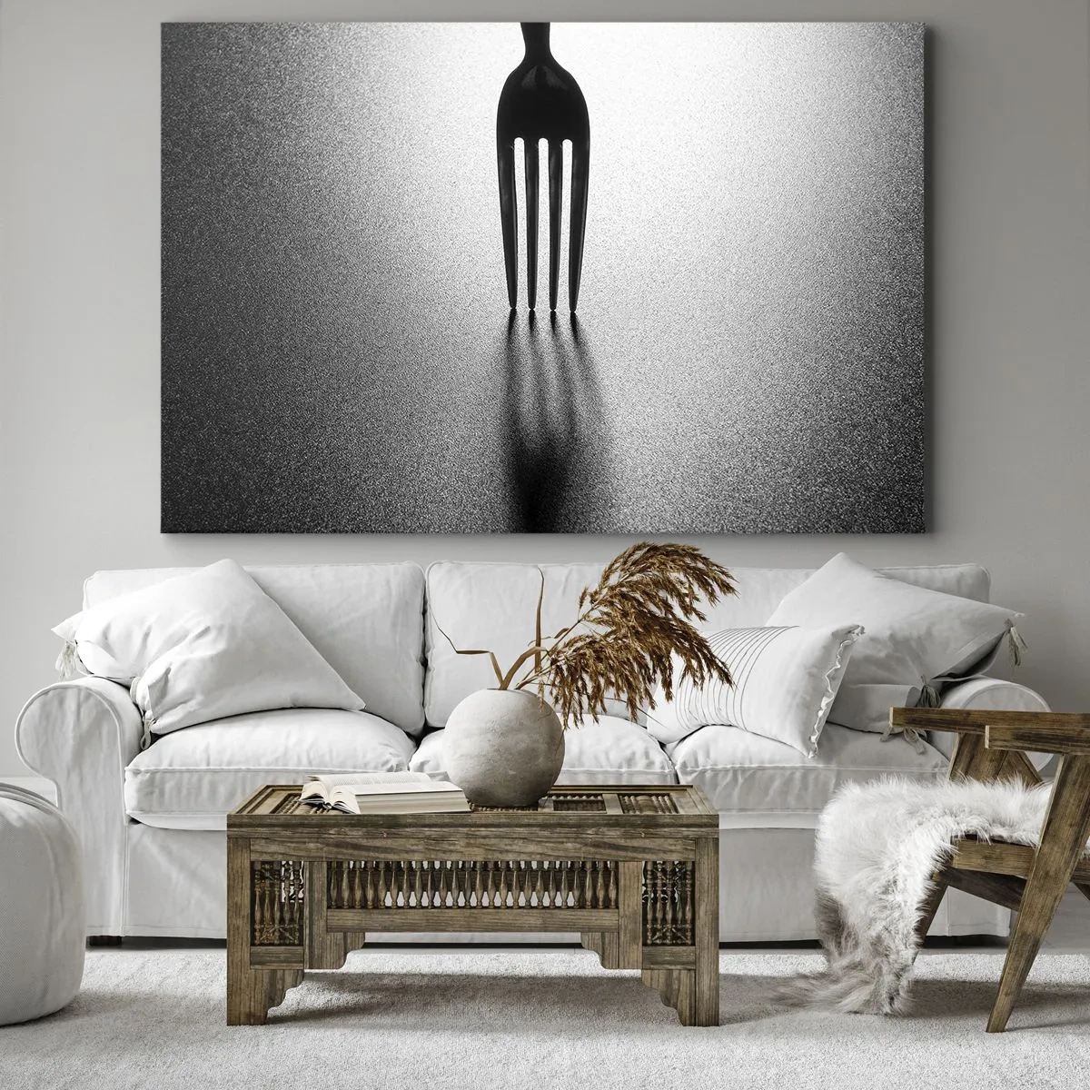Canvastavla - Bild på duk - En minimalistisk tolkning av en gaffel i svartvitt med skuggspel. - 70x50cm - Ljus och skugga - Modern väggdekoration för vardagsrum och sovrum ARTTOR