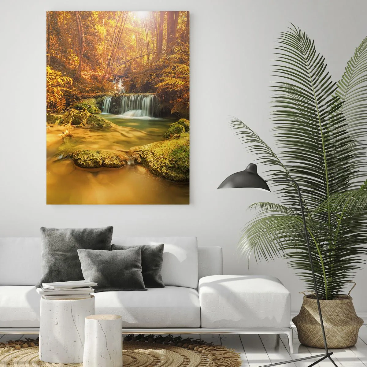 Glastavla - Bild på glas - Skogkaskad i gult - 70x100 cm