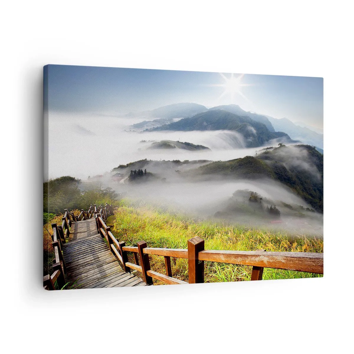 Canvastavla - Bild på duk - En trästig bland de dimmiga bergen på morgonen - 70x50cm - Vävt av sken och dimma - Modern väggdekoration för vardagsrum och sovrum ARTTOR