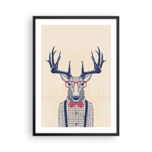 Affisch i svart ram - Snygg hjort med glasögon och fluga på beige bakgrund - 50x70cm - Rolig extravagans - Modern väggdekoration för vardagsrum och sovrum ARTTOR
