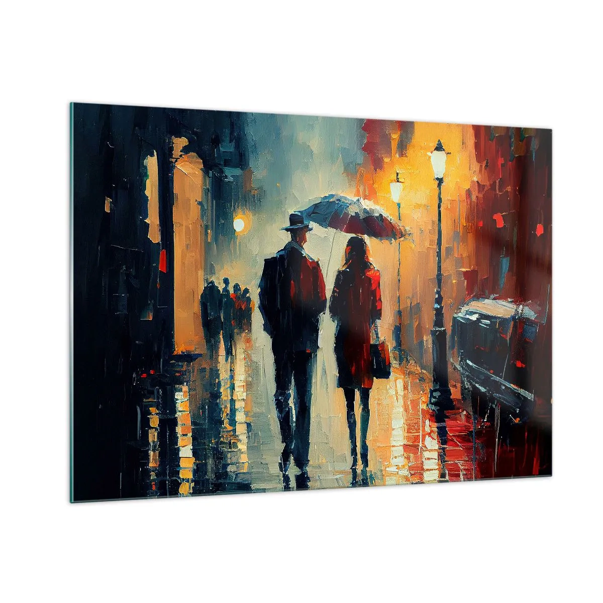 Glastavla - Bild på glas - Kärlekshistoria på stan - 100x70 cm