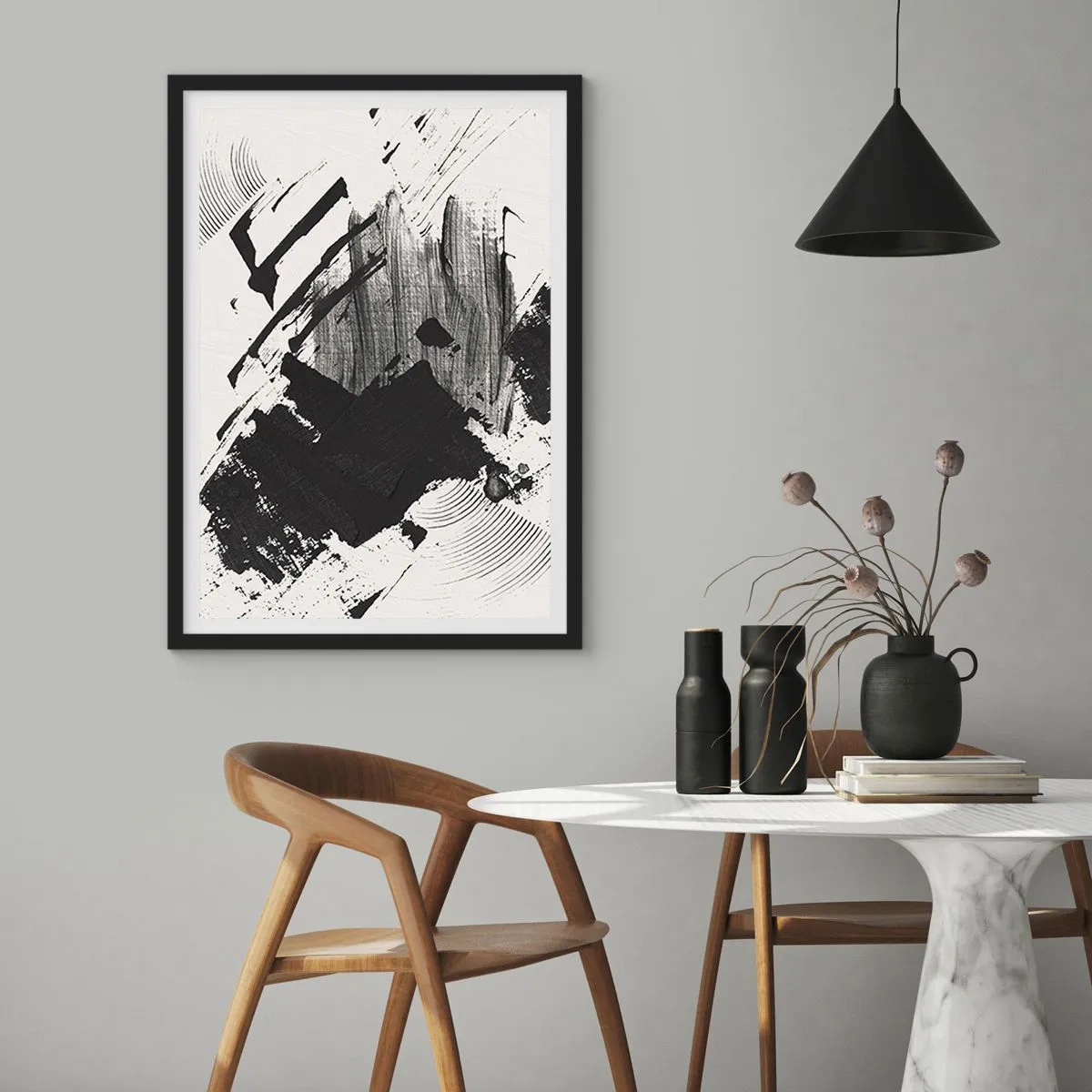 Affisch i svart ram - Abstrakta svartvita penseldrag - 50x70cm - Abstraktion - uttrycket av svart - Modern väggdekoration för vardagsrum och sovrum ARTTOR