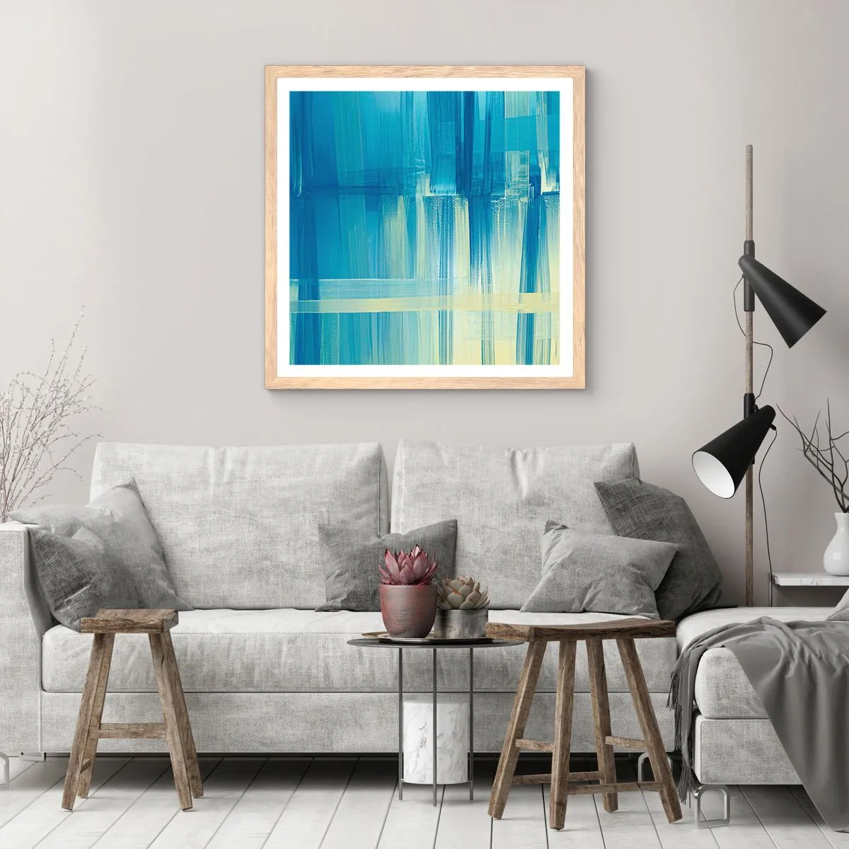 Affisch i ram av ljusek - Komposition i turkos - 50x50 cm