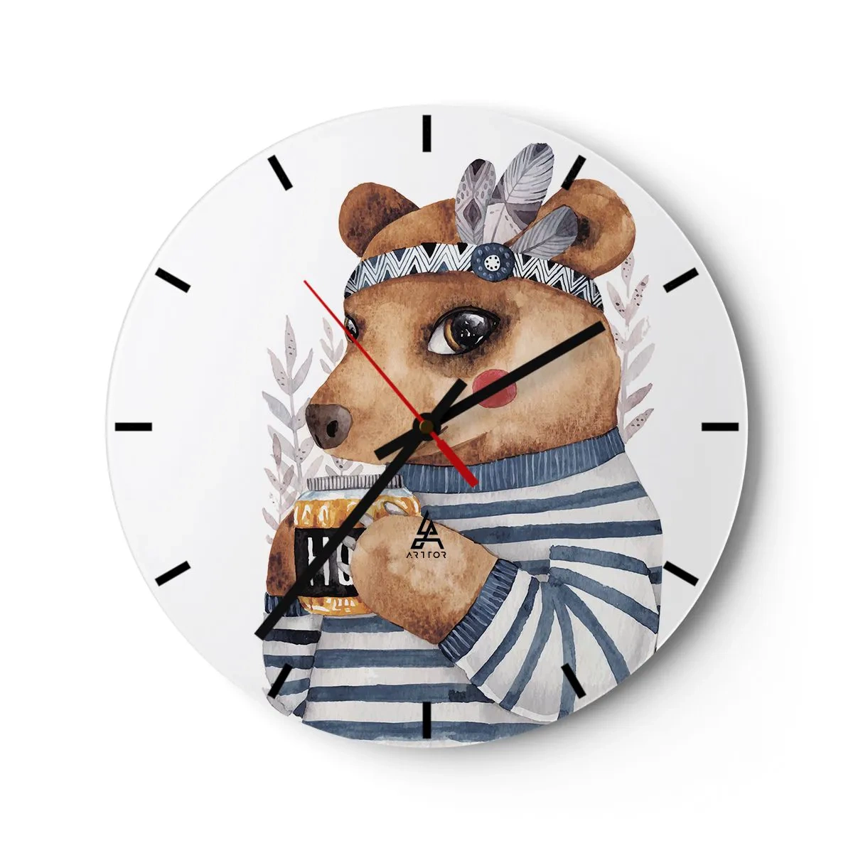Väggklocka - Klocka på glas - En nallebjörn i en randig T-shirt med en kopp te - 30x30cm - Söt björnfru - Modern väggdekoration för vardagsrum, kök och sovrum ARTTOR