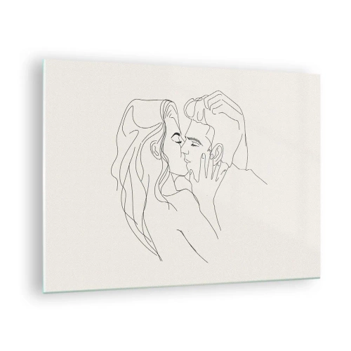 Glastavla - Bild på glas - En sensuell kyss av ett par i konturlinjen - 70x50cm - I kärlekens famn - Modern väggdekoration för vardagsrum och sovrum ARTTOR