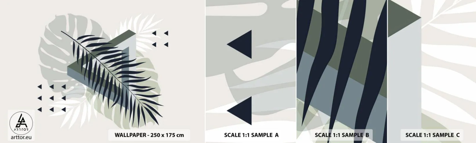 Fototapet Prov Standard Eco - Natur och geometri – två ordningar? - Monstera Leaf, Palmblad, Grafik - 100x30 cm