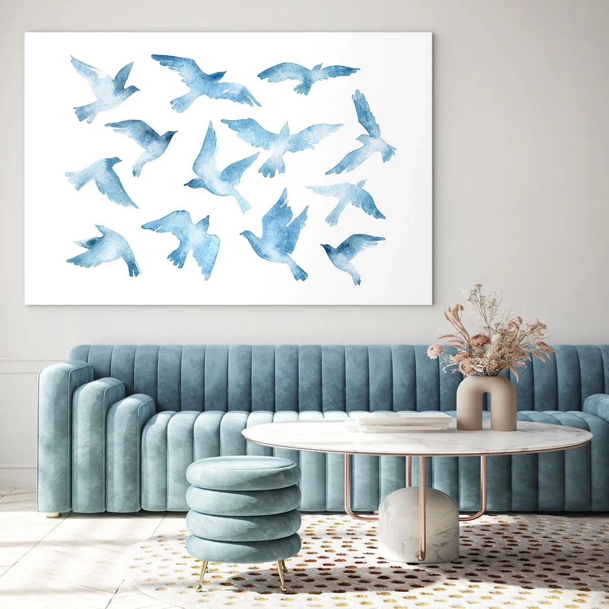 Glastavla - Bild på glas - Illustration av blå fåglar på vit bakgrund - 70x50cm - Blåa fåglar - Modern väggdekoration för vardagsrum och sovrum ARTTOR