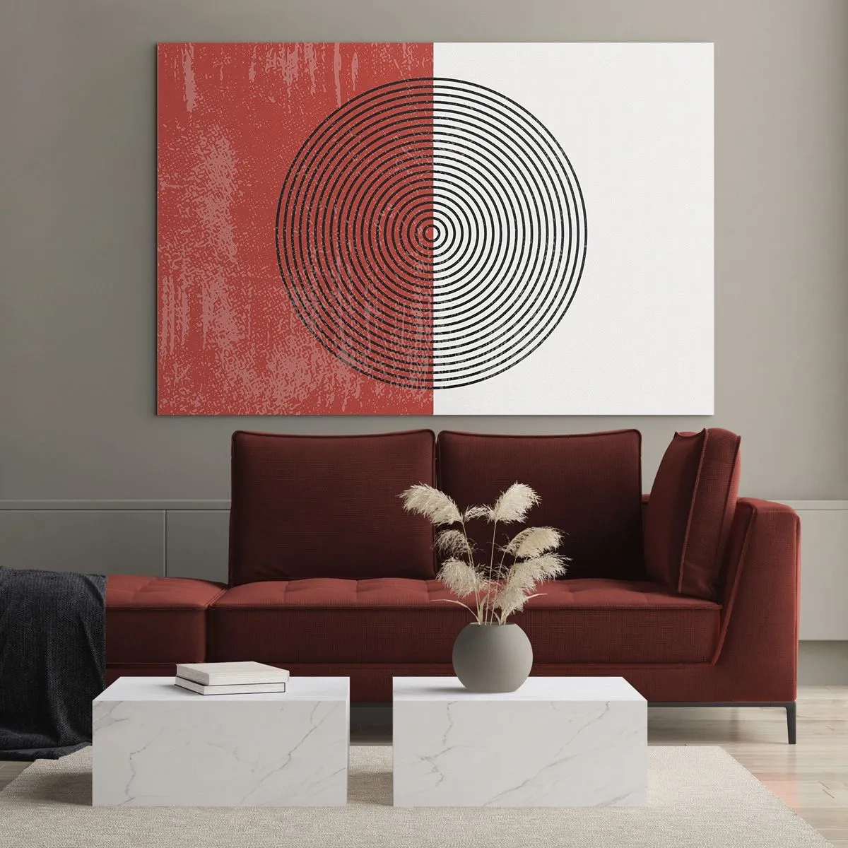 Glastavla - Bild på glas - Geometriskt mönster med en cirkel på en röd och vit bakgrund - 70x50cm - Mitt i prick - Modern väggdekoration för vardagsrum och sovrum ARTTOR