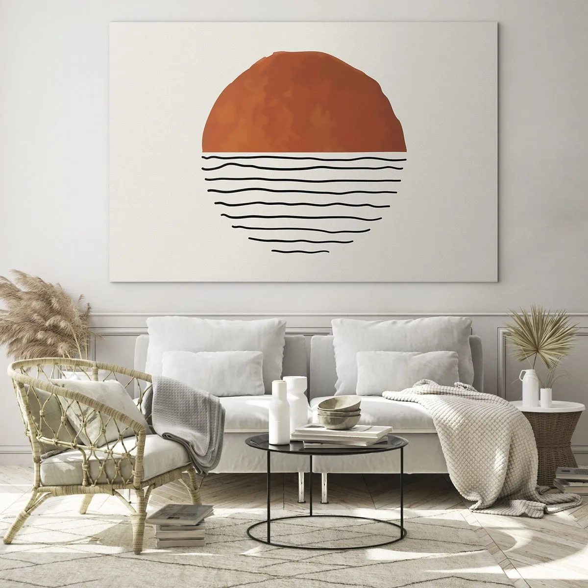 Glastavla - Bild på glas - Minimalistisk sol över våglinjen - 70x50cm - I japansk stämning - Modern väggdekoration för vardagsrum och sovrum ARTTOR