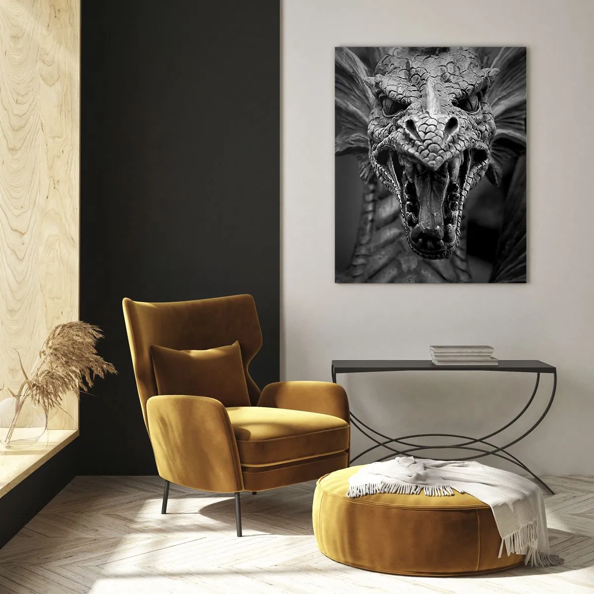 Glastavla - Bild på glas - En sagodrake i grånyans - 70x100 cm