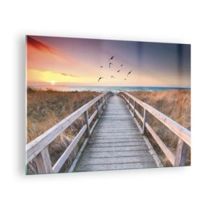 Glastavla - Bild på glas - En trägångbro över sanddynerna som leder till stranden vid solnedgången - 70x50cm - Startbana - Modern väggdekoration för vardagsrum och sovrum ARTTOR