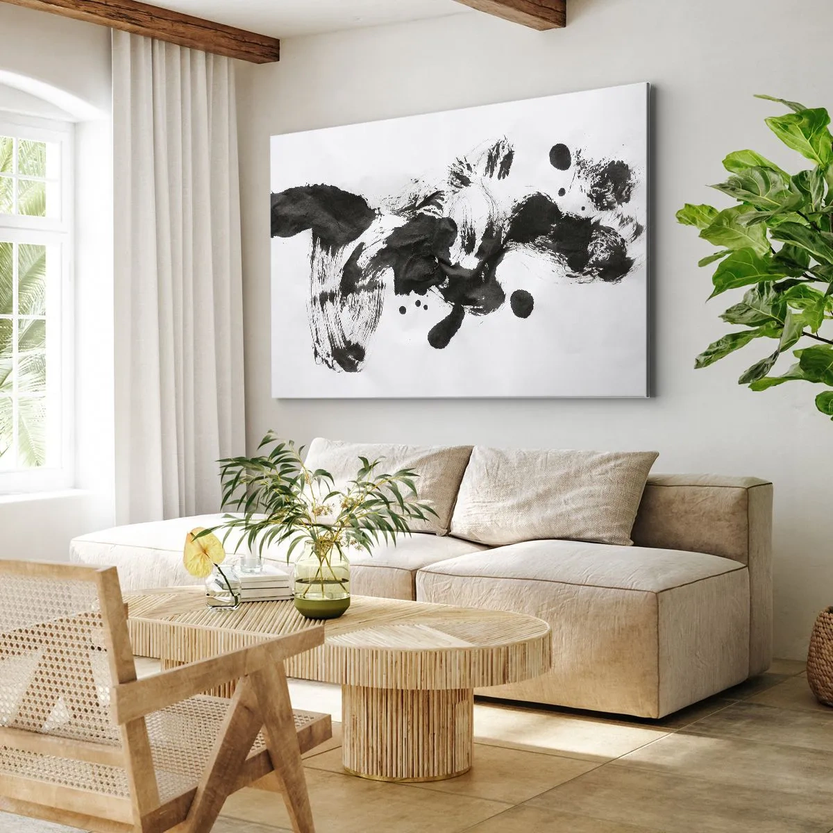 Canvastavla - Bild på duk - Abstrakt komposition av svarta fläckar på en vit bakgrund - 70x50cm - En metod i galenskap? - Modern väggdekoration för vardagsrum och sovrum ARTTOR