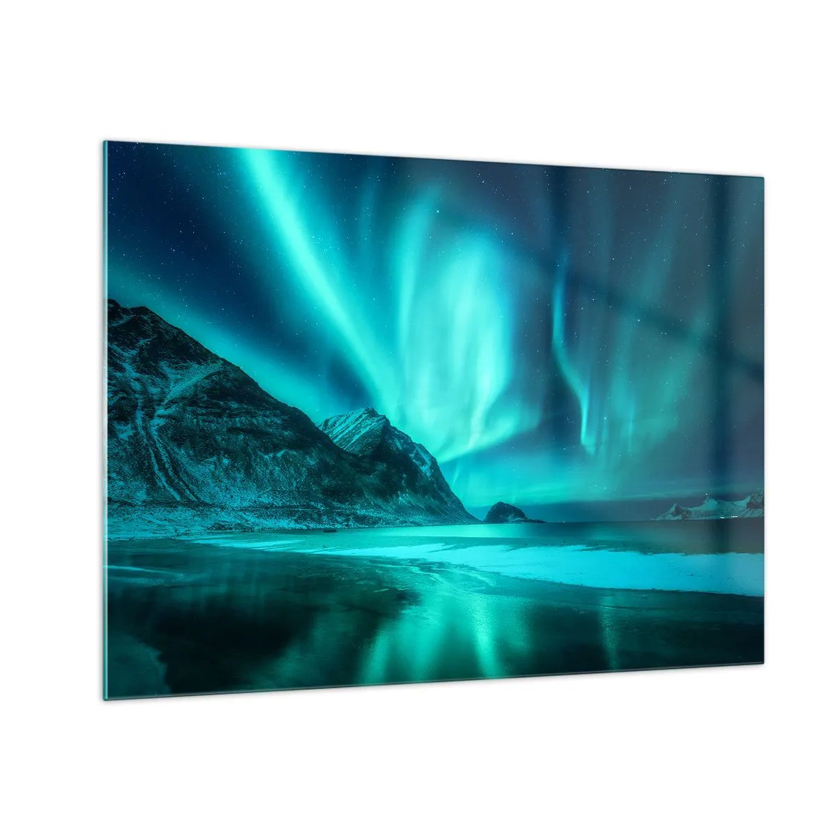 Glastavla - Bild på glas - Norrsken över ett bergslandskap och fruset hav - 70x50cm - Nordens underverk - Modern väggdekoration för vardagsrum och sovrum ARTTOR