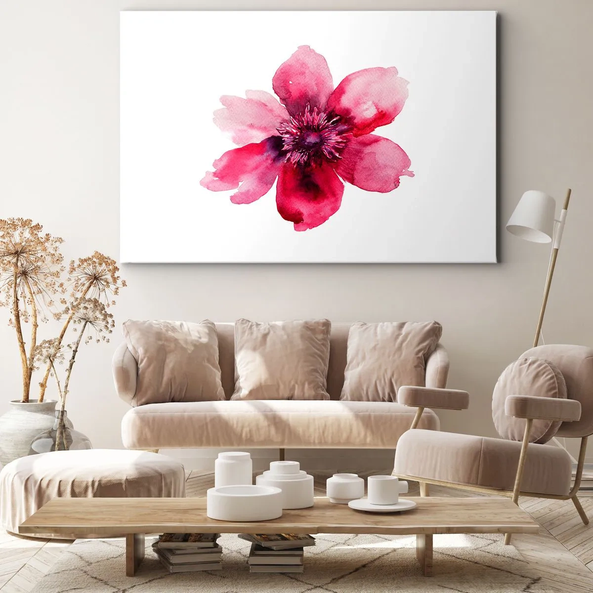 Canvastavla - Bild på duk - Rosa blomma i akvarellstil på vit bakgrund - 70x50cm - Doftande karminkyss - Modern väggdekoration för vardagsrum och sovrum ARTTOR