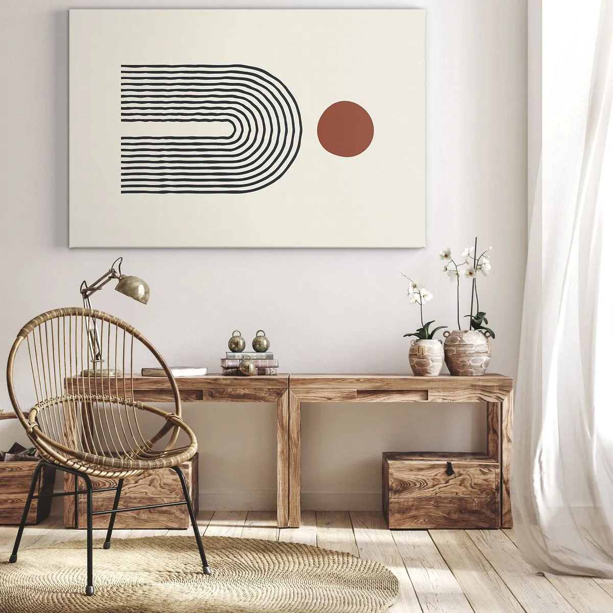 Canvastavla - Bild på duk - Modernt abstrakt mönster med linjer och en röd cirkel - 70x50cm - Formernas och färgernas magnetism - Modern väggdekoration för vardagsrum och sovrum ARTTOR
