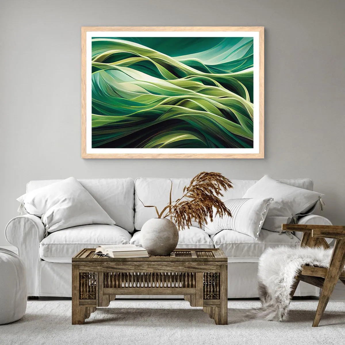 Affisch i ram av ljusek - Ett abstrakt spel med grönt - 70x50 cm