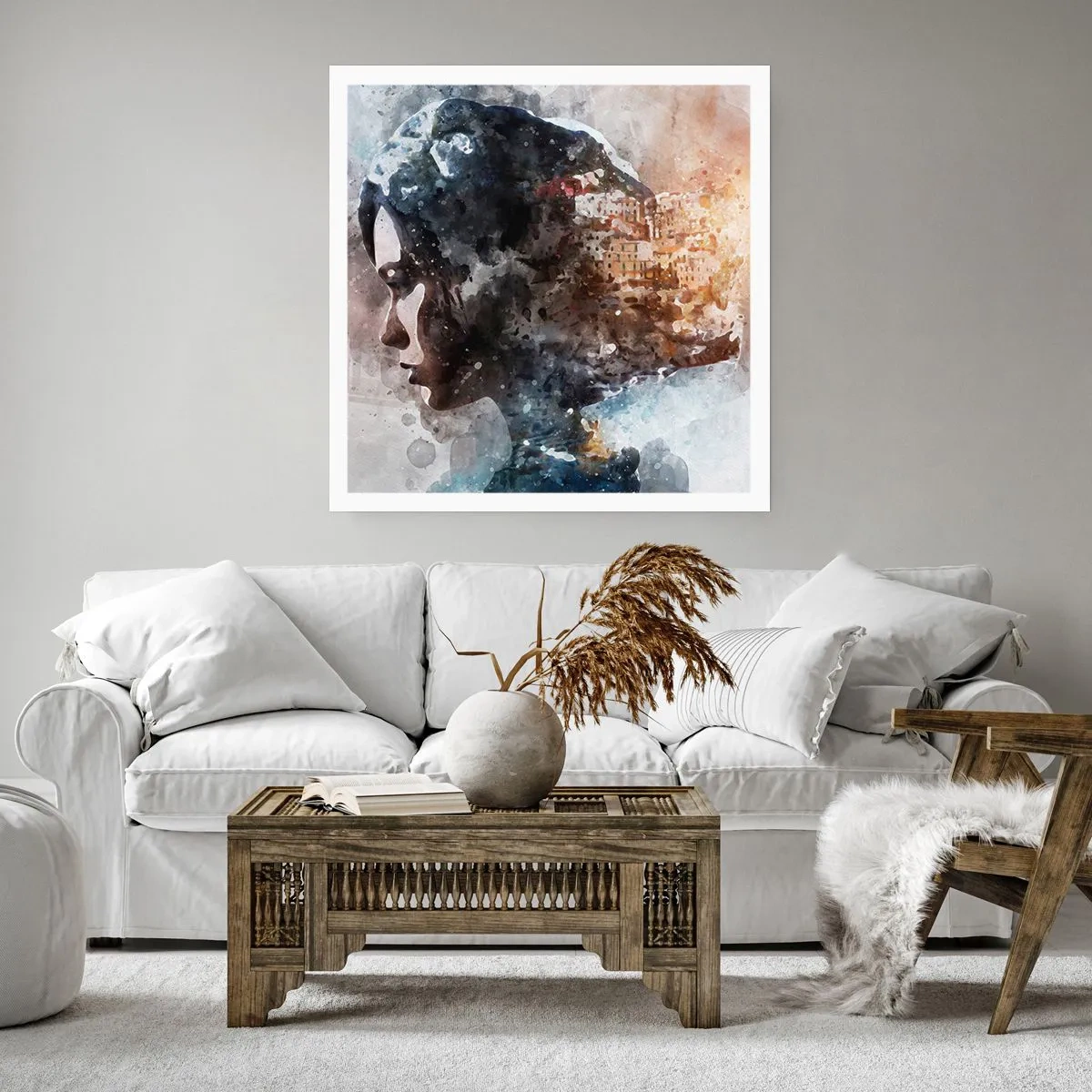 Affisch - Berättelse om en tjej med en stad i bakgrunden - 60x60 cm