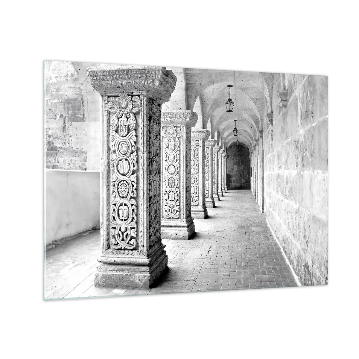 Glastavla - Bild på glas - Historisk klostergång med snidade kolonner - 70x50cm - Och vart tar det vägen? - Modern väggdekoration för vardagsrum och sovrum ARTTOR