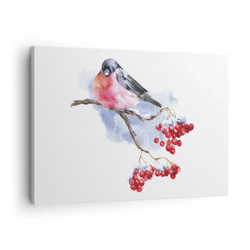 Canvastavla - Bild på duk - Fågel på en gren med röd frukt i akvarellbakgrunden - 70x50cm - Vinter i färger - Modern väggdekoration för vardagsrum och sovrum ARTTOR
