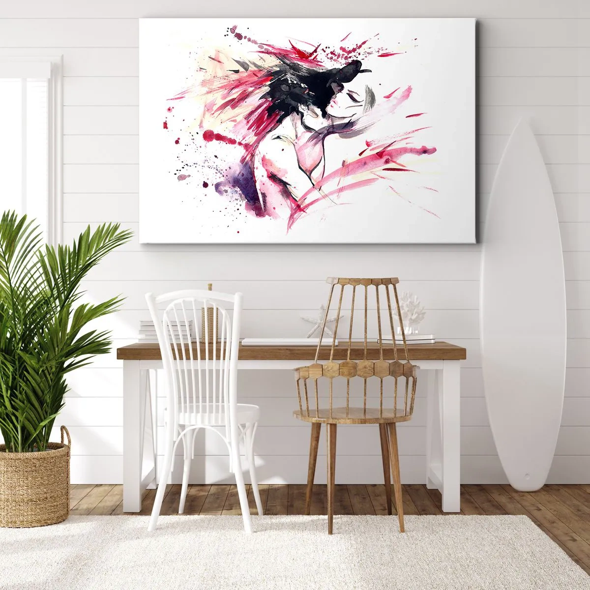 Canvastavla - Bild på duk - Abstrakt porträtt av en kvinna med dynamiska röda accenter - 70x50cm - Kärleksfull uppfyllelse - Modern väggdekoration för vardagsrum och sovrum ARTTOR