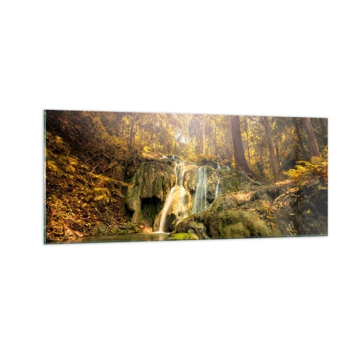 Glastavla - Bild på glas - Skogkaskad i grönt - 100x40 cm