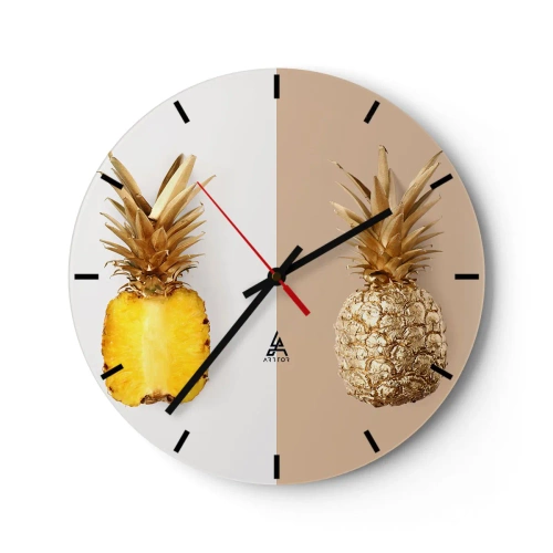 Väggklocka - Klocka på glas - En gyllene ananas och dess tvärsnitt på en tvåfärgad bakgrund - 30x30cm - Ananas för oss - Modern väggdekoration för vardagsrum, kök och sovrum ARTTOR